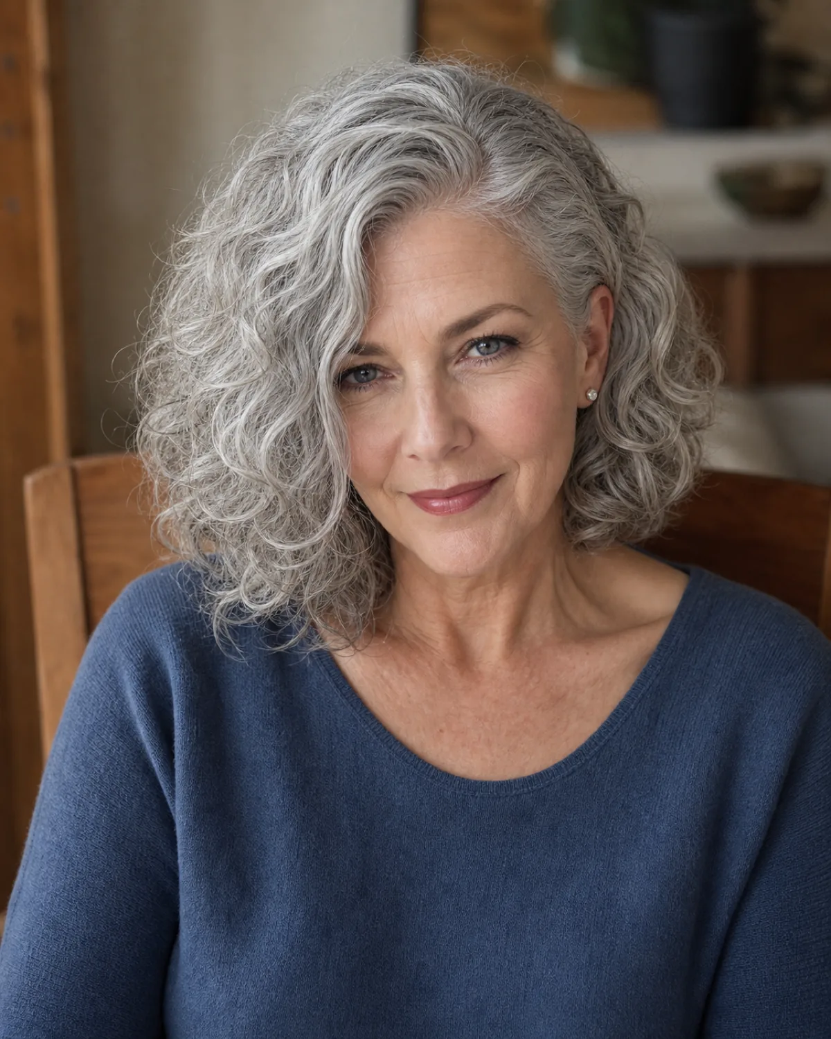 A woman in her late 50s with a silver-grey curly bob parted deep on one side, the fuller side sweeping across while the other side tucks behind the ear, blue sweater, facing the camera