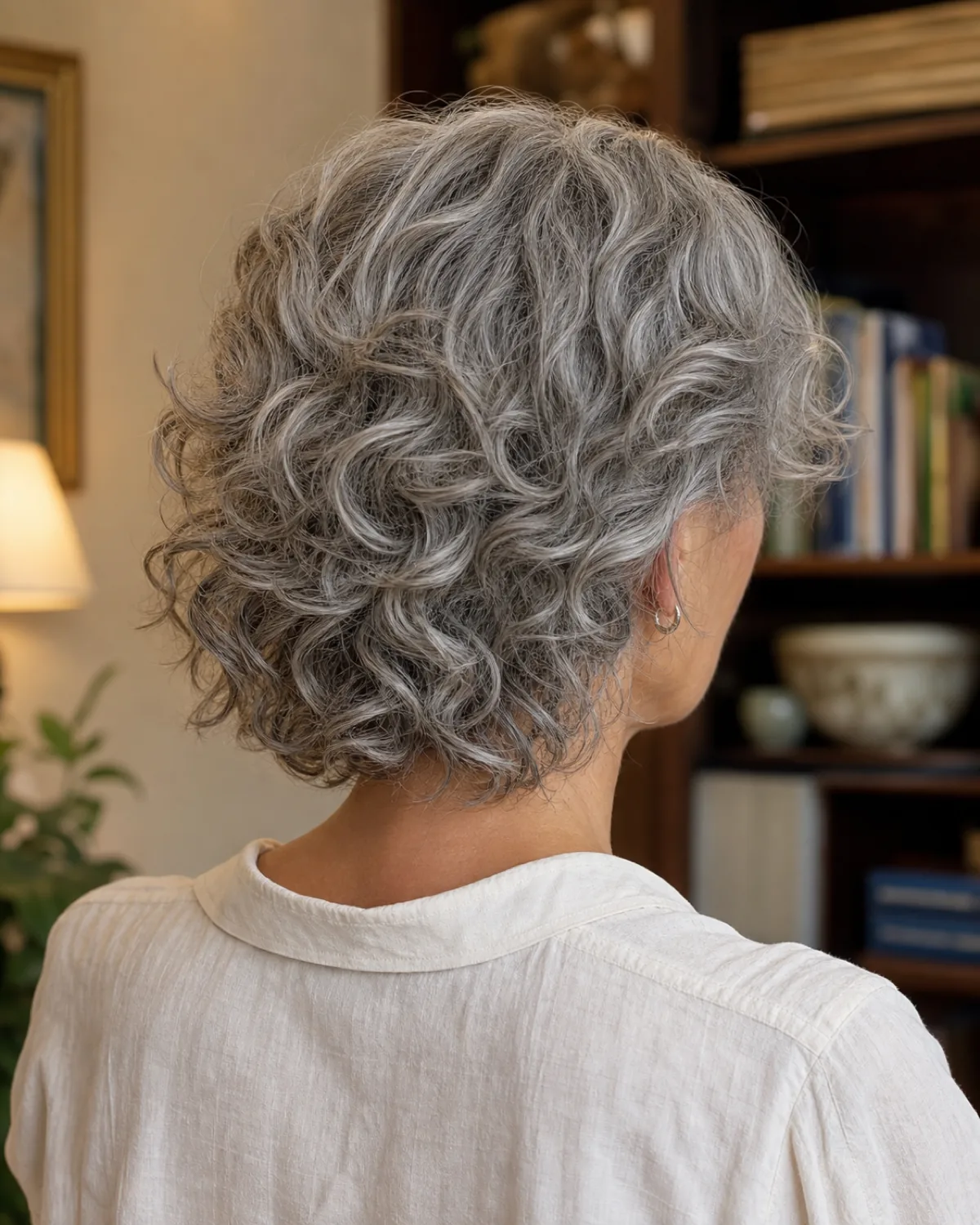 Back view of a silver-grey layered curly bob with layers beginning below the ear, loose defined curls with visible movement, cream shirt in a warm room with bookshelves