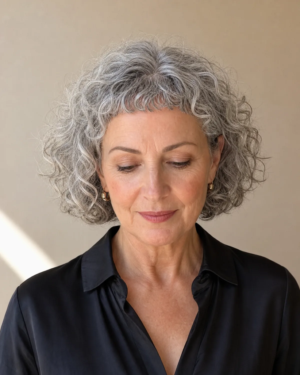 A woman in her late 50s with a silver-grey curly bob and a short curly micro fringe sitting above the eyebrows, full forehead visible, black blouse against a plain warm wall