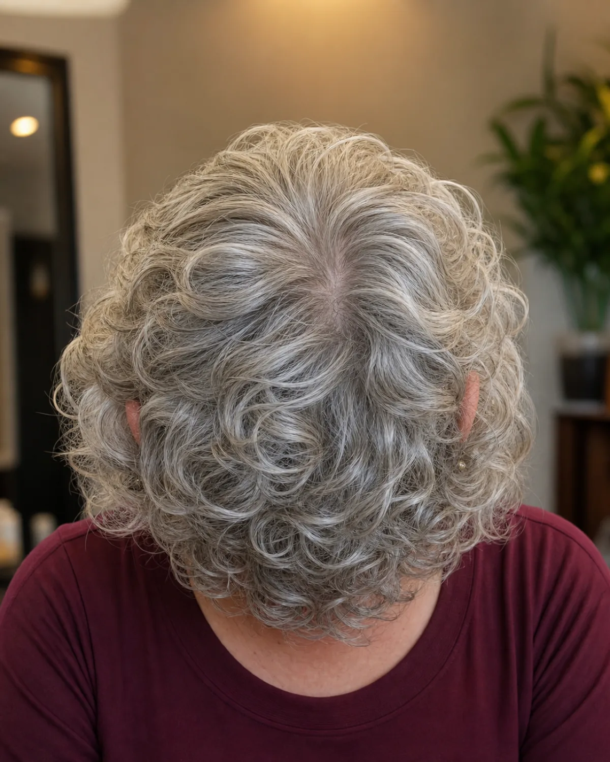 Back view of a silver-grey curly bob with visible root lift and layered volume at the crown, curls falling evenly to the nape, burgundy top in a softly lit room