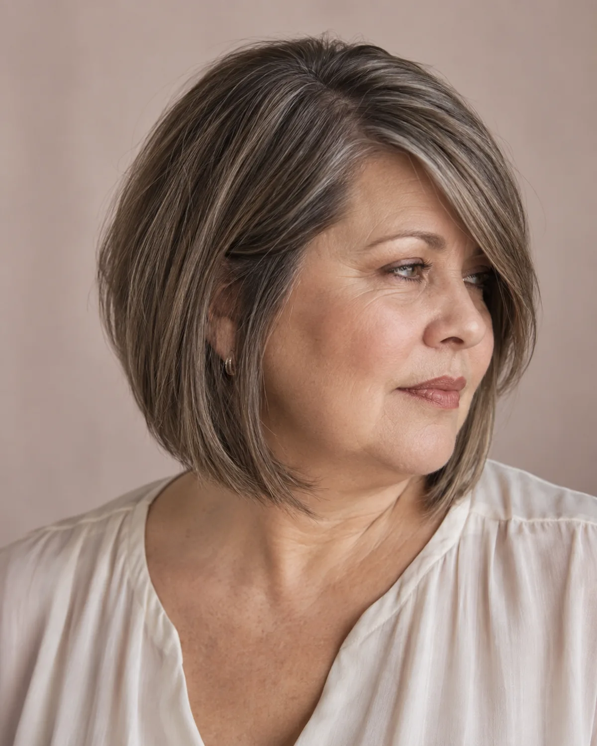 Mature woman in a three-quarter view with a chin-to-shoulder bob and a deep side part, one long sweeping piece crossing the forehead diagonally, cool ash brown hair