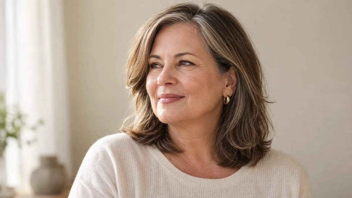 Mature woman with medium-length layered brunette hair with silver threads in a three-quarter turn, soft window light