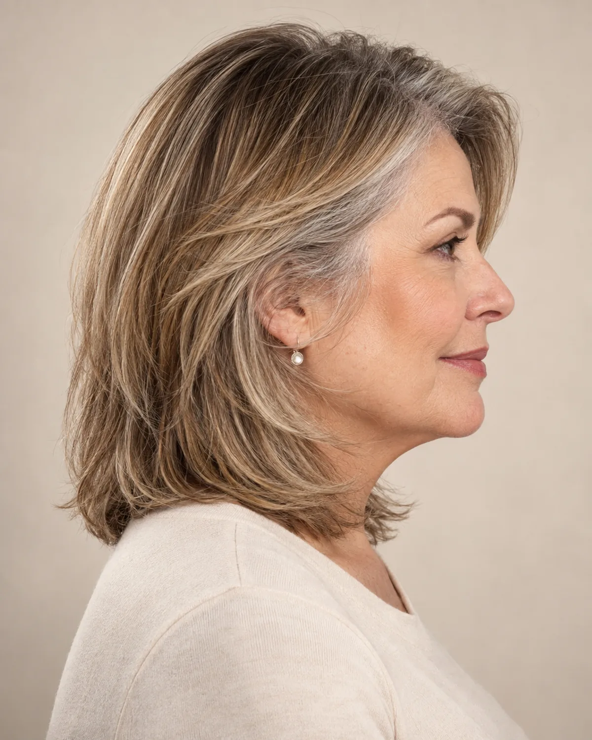 Profile view of a mature woman with collarbone-length layered hair, the shortest layer sitting visibly below the cheekbone, dark blonde with silver at the temples