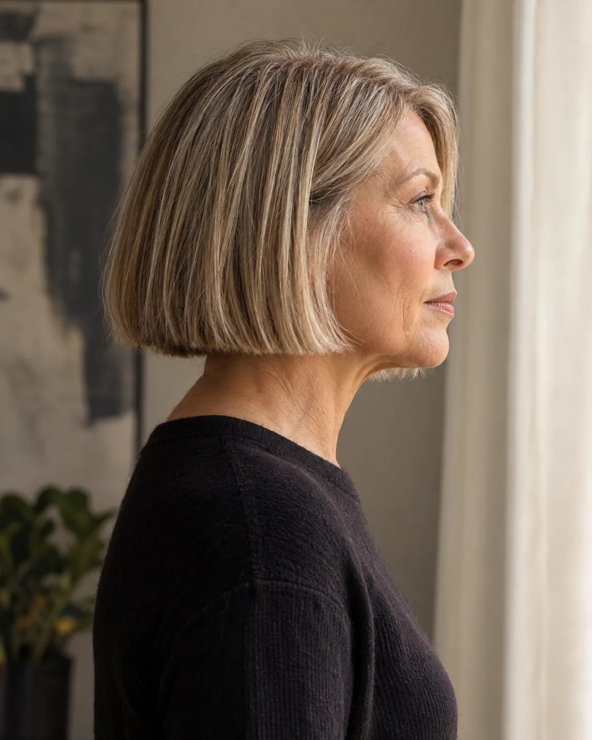 Mature woman in full profile with chin-length blunt bob, clean horizontal hemline sitting at the jawbone, warm window light