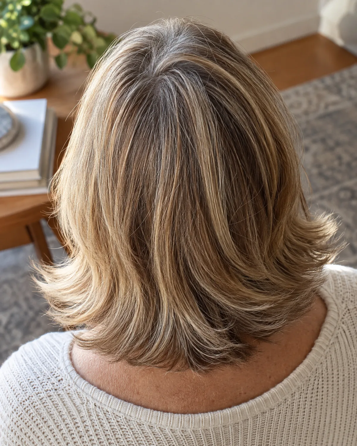 Mature woman with head tilted forward showing shoulder-length hair with outward-flipped ends creating a wider silhouette at the shoulders
