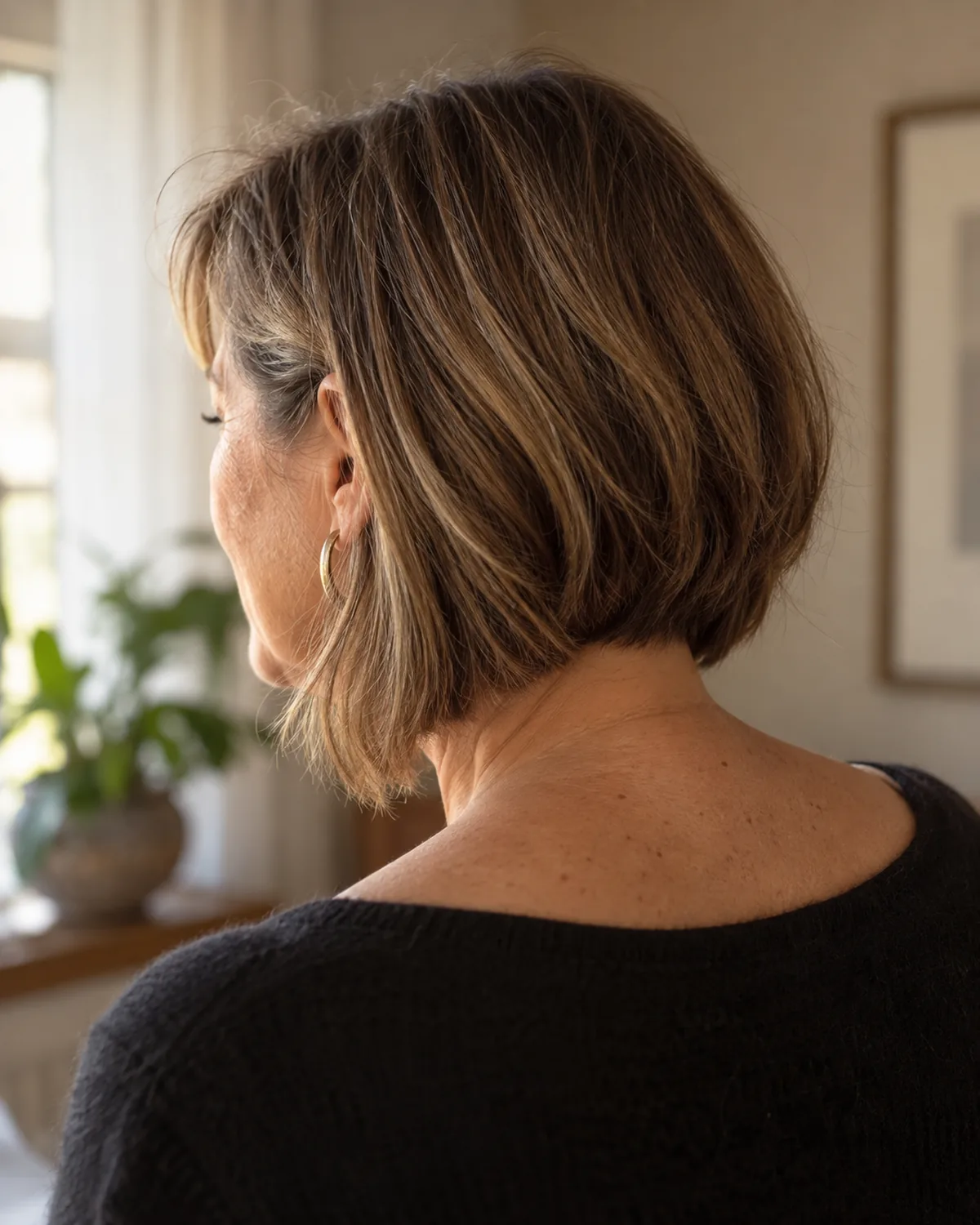 Mature woman from back-three-quarter angle showing A-line bob, shorter back angling to longer front pieces past the chin, warm light
