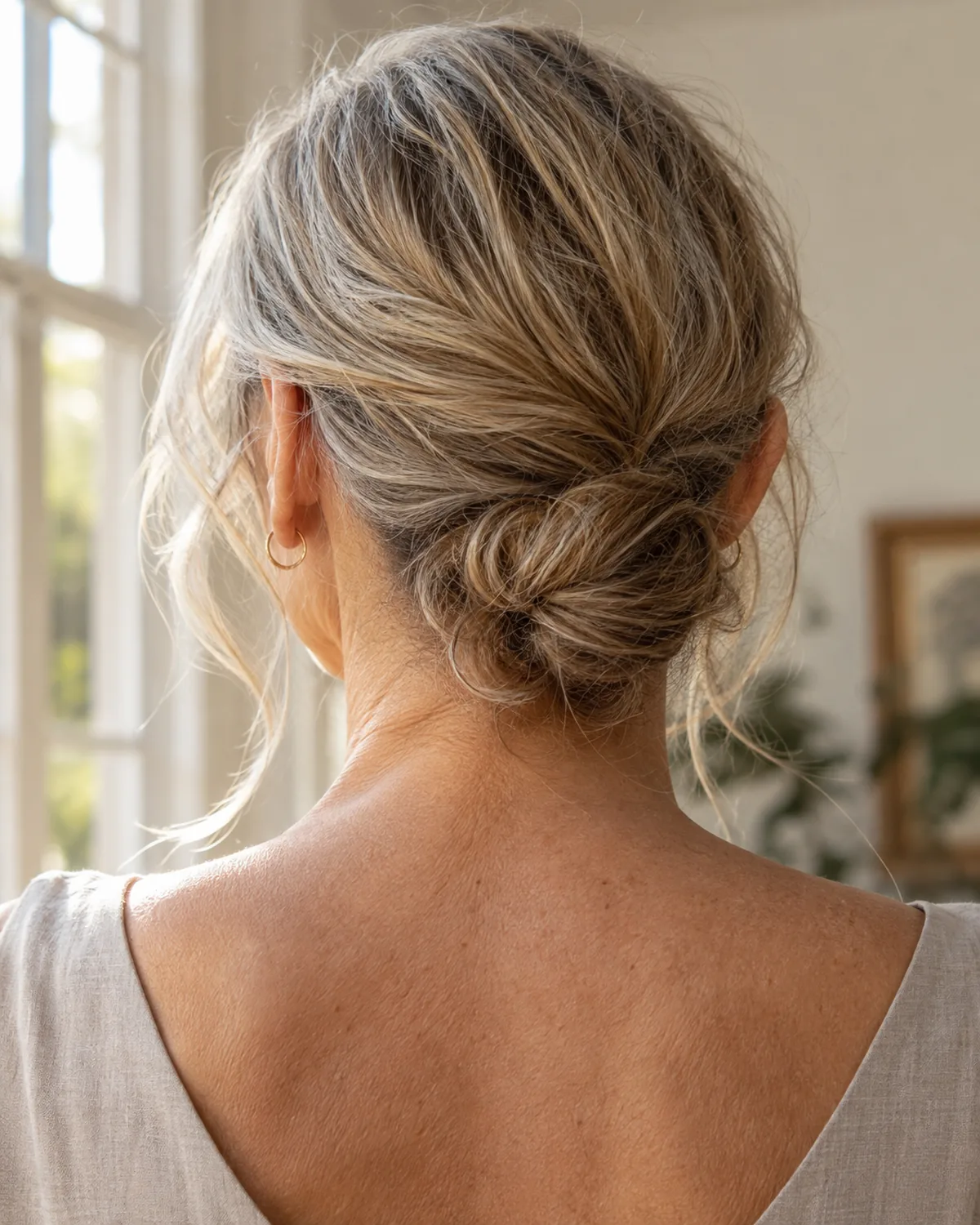 Mature woman from behind at slight upward angle showing low relaxed chignon at the nape with loose face-framing wisps at the temples