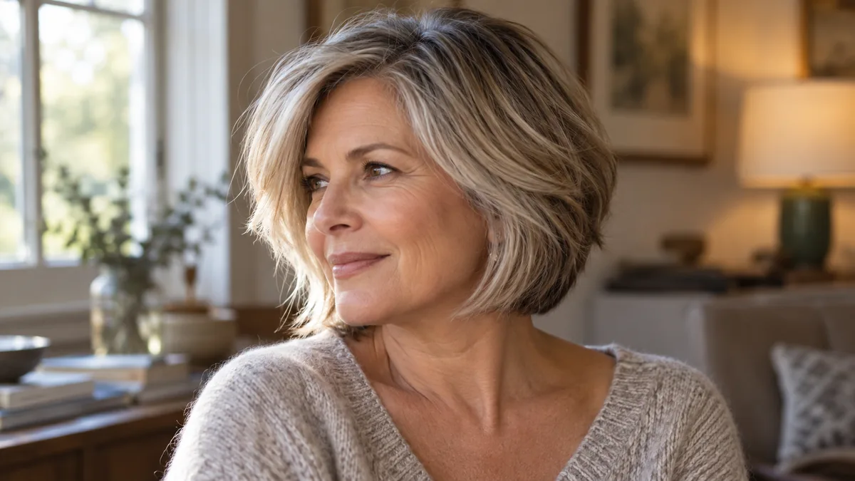 Mature woman with layered chin-length bob in three-quarter view, warm window light catching soft layers around the jaw