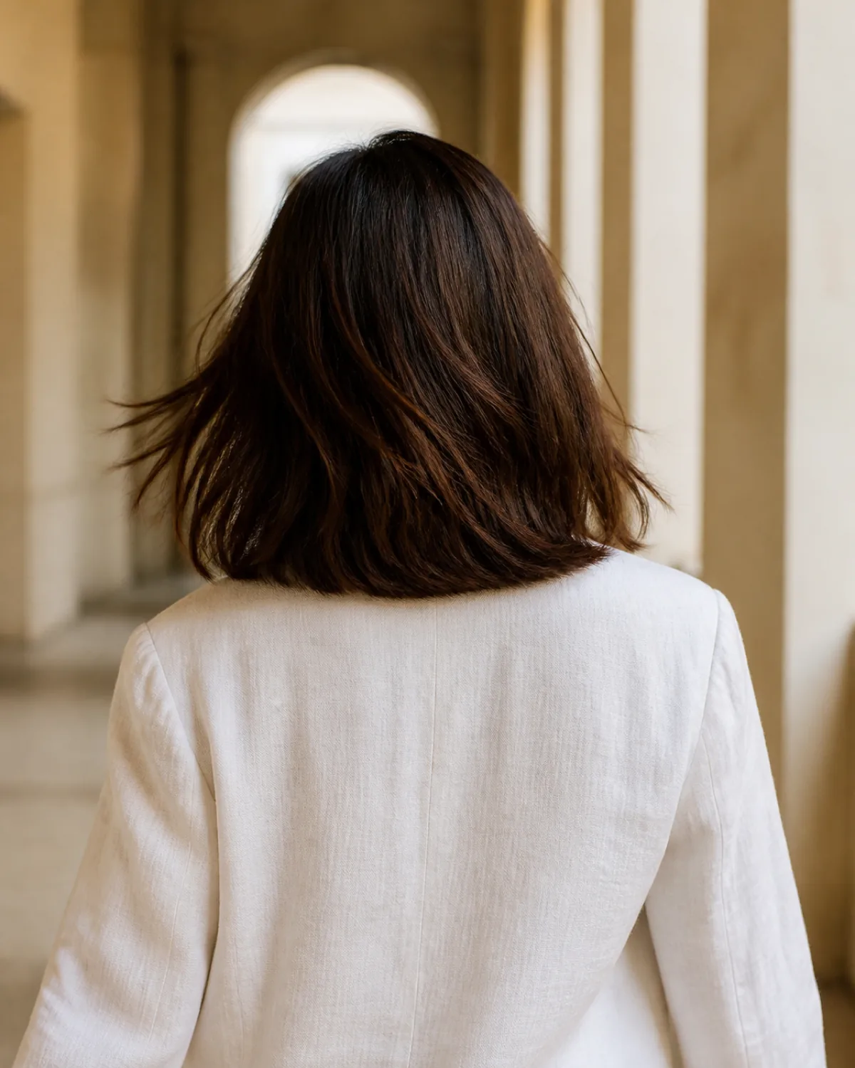 Back view of a mature woman walking through a bright corridor with arches, dark espresso-brown collarbone-length lob with internal layers catching the light and showing movement, wearing a white linen blazer