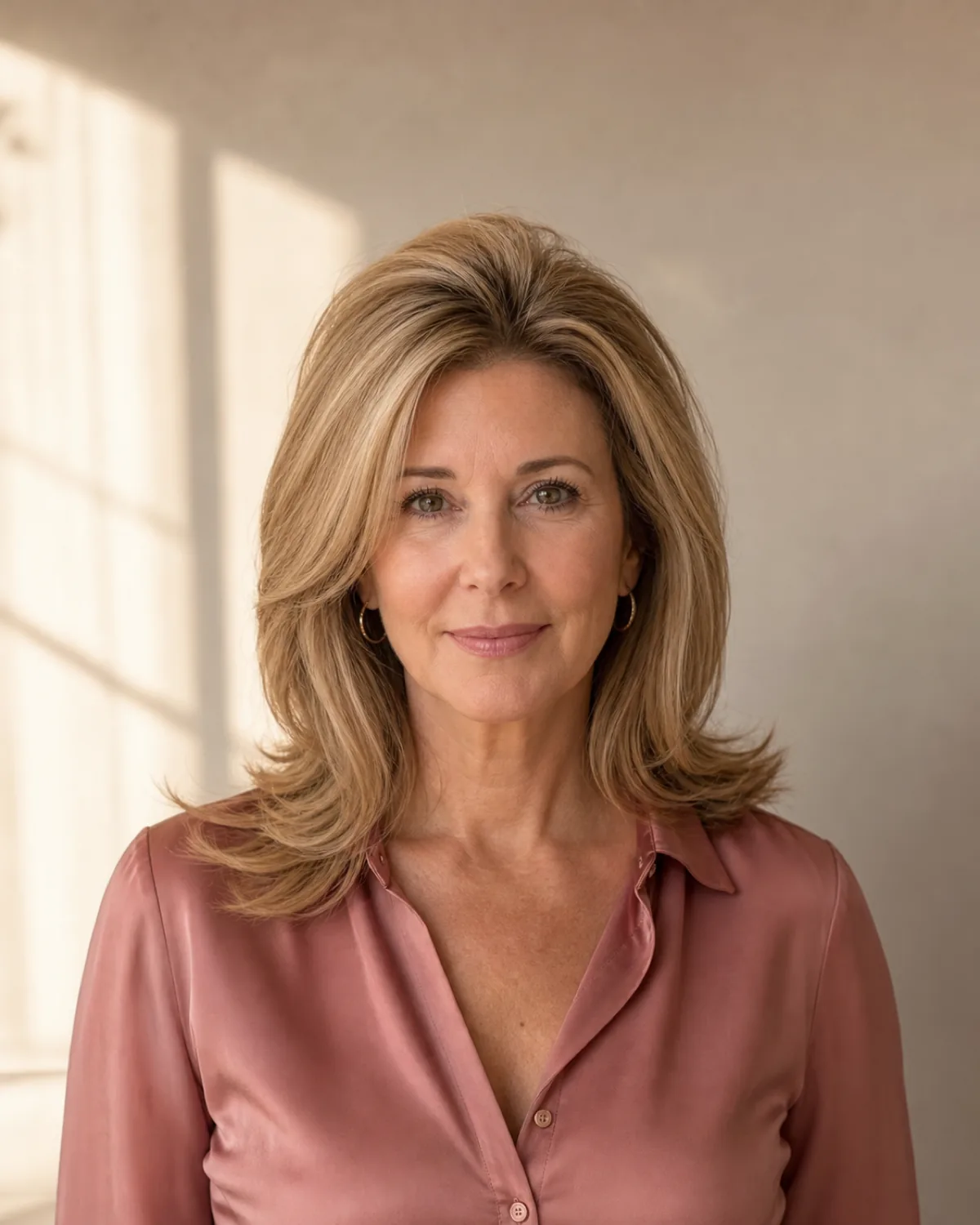 Front-facing view of a mature woman with dark-blonde shoulder-length layered hair styled with visible root lift at the crown, wearing a dusty-rose silk blouse against a pale taupe wall