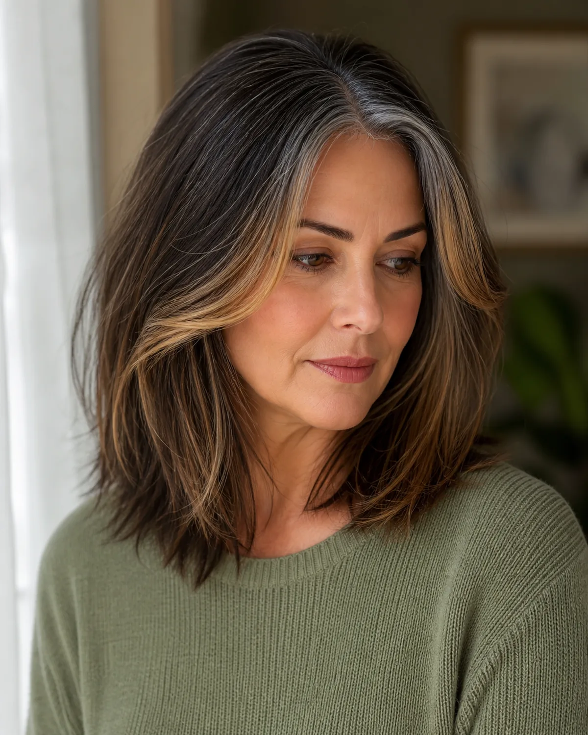 Three-quarter view of a mature woman with dark brunette shoulder-length hair featuring warm honey-toned face-framing highlights at the temples blending into natural silver, wearing a sage-green sweater by a window