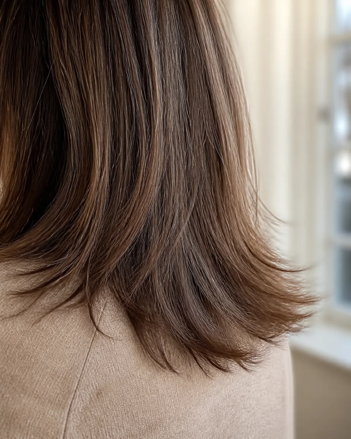 Close crop of shoulder-length medium-brown hair with natural silver strands, showing feathered point-cut ends tapering into individual strands