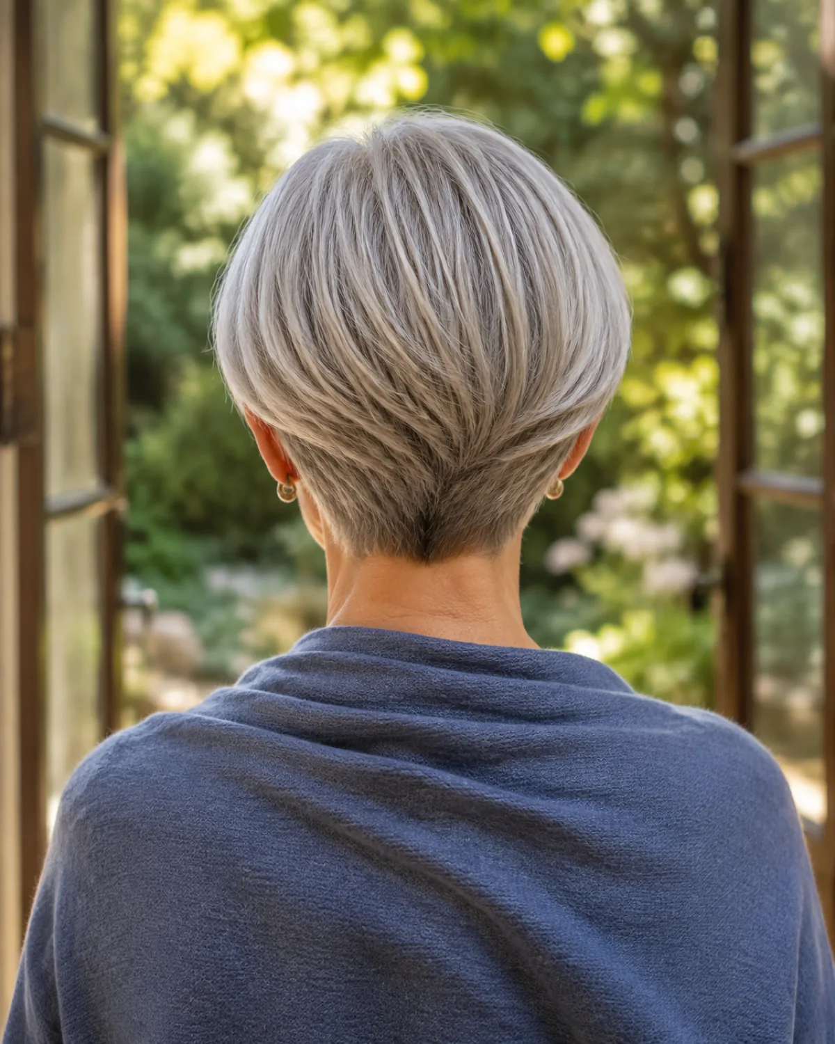 Back view of a mature woman with cool silver-grey graduated bob, stacked layers at the nape clearly visible with each graduation step readable, wearing a slate-blue cashmere wrap by a garden doorway