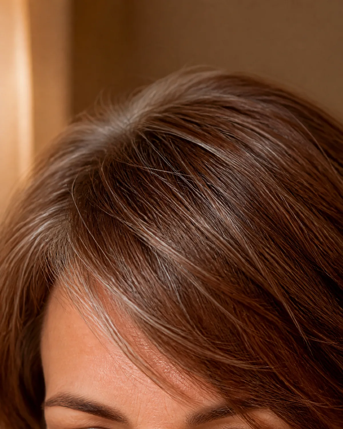 Close crop of a mature woman's forehead and fringe area, showing long auburn-brown side-swept bangs with fine silver threads falling diagonally across the forehead