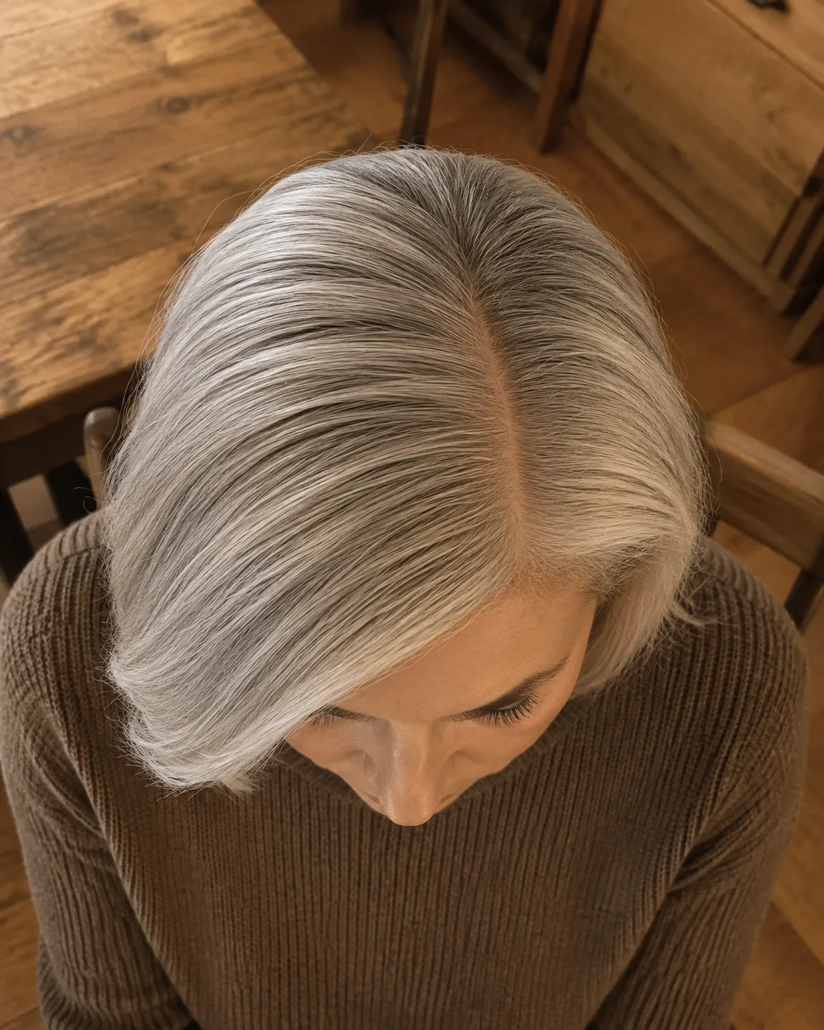 Top-down view of a mature woman with cool ash-silver chin-length hair showing a deep side part, volume falling heavier on one side, seated at a wooden kitchen table