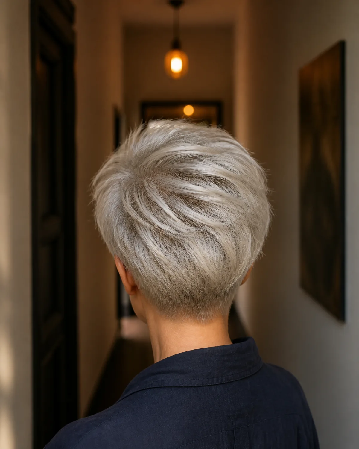 Back view of a mature woman with silver-white textured pixie cut, showing visible weight at the crown and closely cropped sides and nape, standing in a hallway with warm pendant light