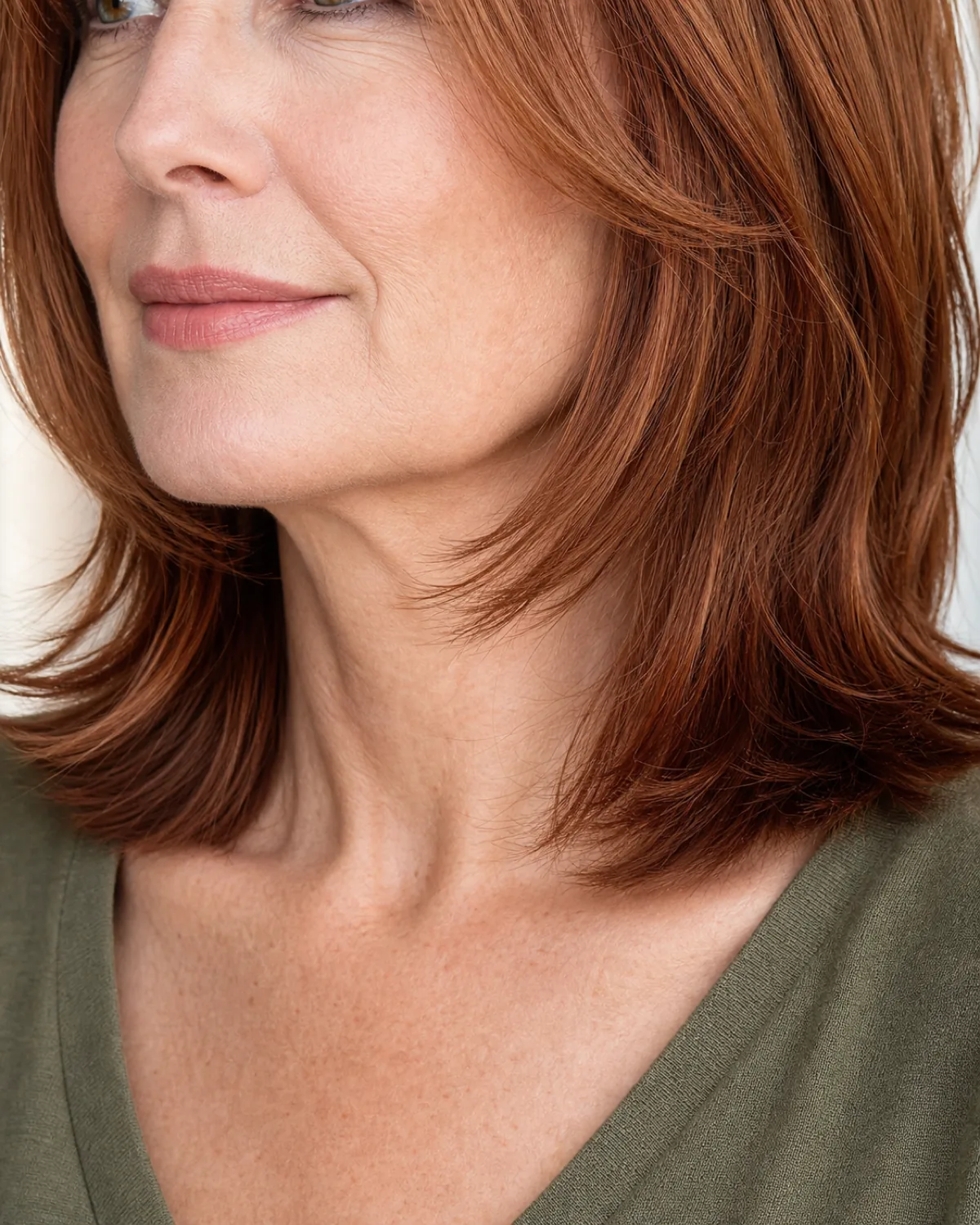 A close crop of a woman with warm auburn hair showing the jawline and face-framing layers, the shortest pieces sitting at the jawline and draping softly across the jaw, with the longer main length falling past the collarbone, wearing an olive-green top