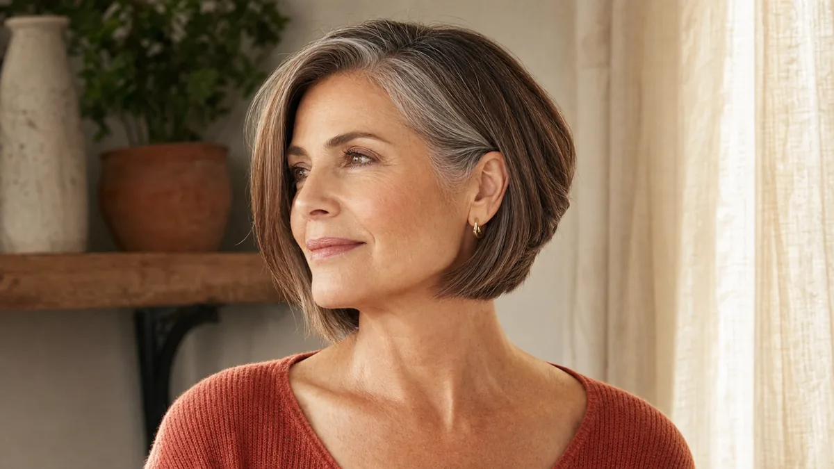 A woman with warm chestnut-brown hair streaked with silver in a chin-length graduated bob, photographed three-quarter view in a bright room with a creamy linen curtain and a terracotta scoop-neck knit