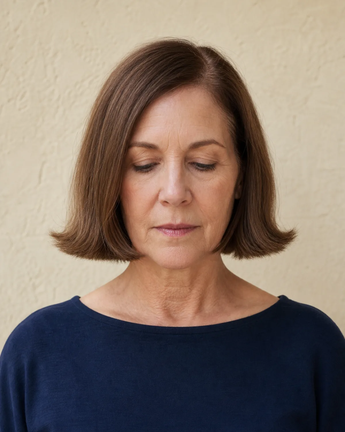 A front-facing view of a woman with medium-brown hair in a blunt chin-length bob that flips outward at the ends, creating horizontal volume at the jawline, eyes downcast, wearing a navy boat-neck top against a warm cream textured wall