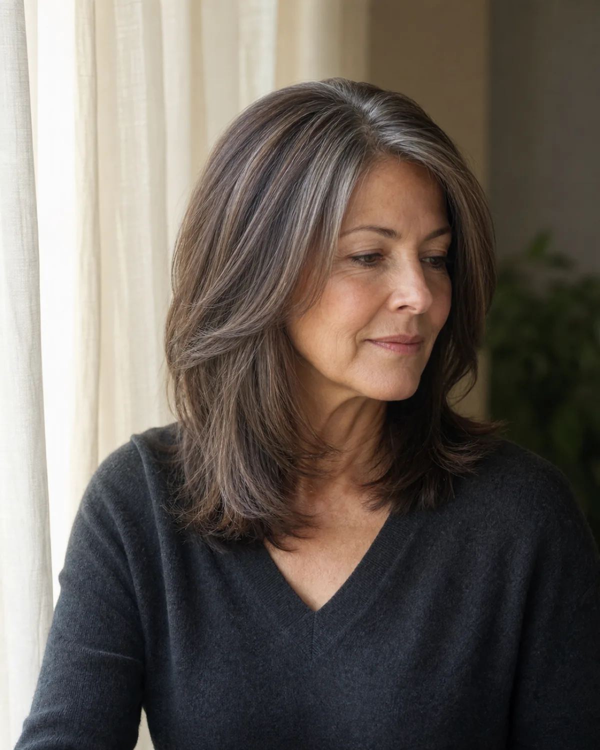 A three-quarter view of a woman with warm dark-brown hair threaded with grey, her hair falling past her shoulders in graduated layers with the shortest layer starting just below the chin and the longest reaching the collarbone, near a window with sheer ivory curtains