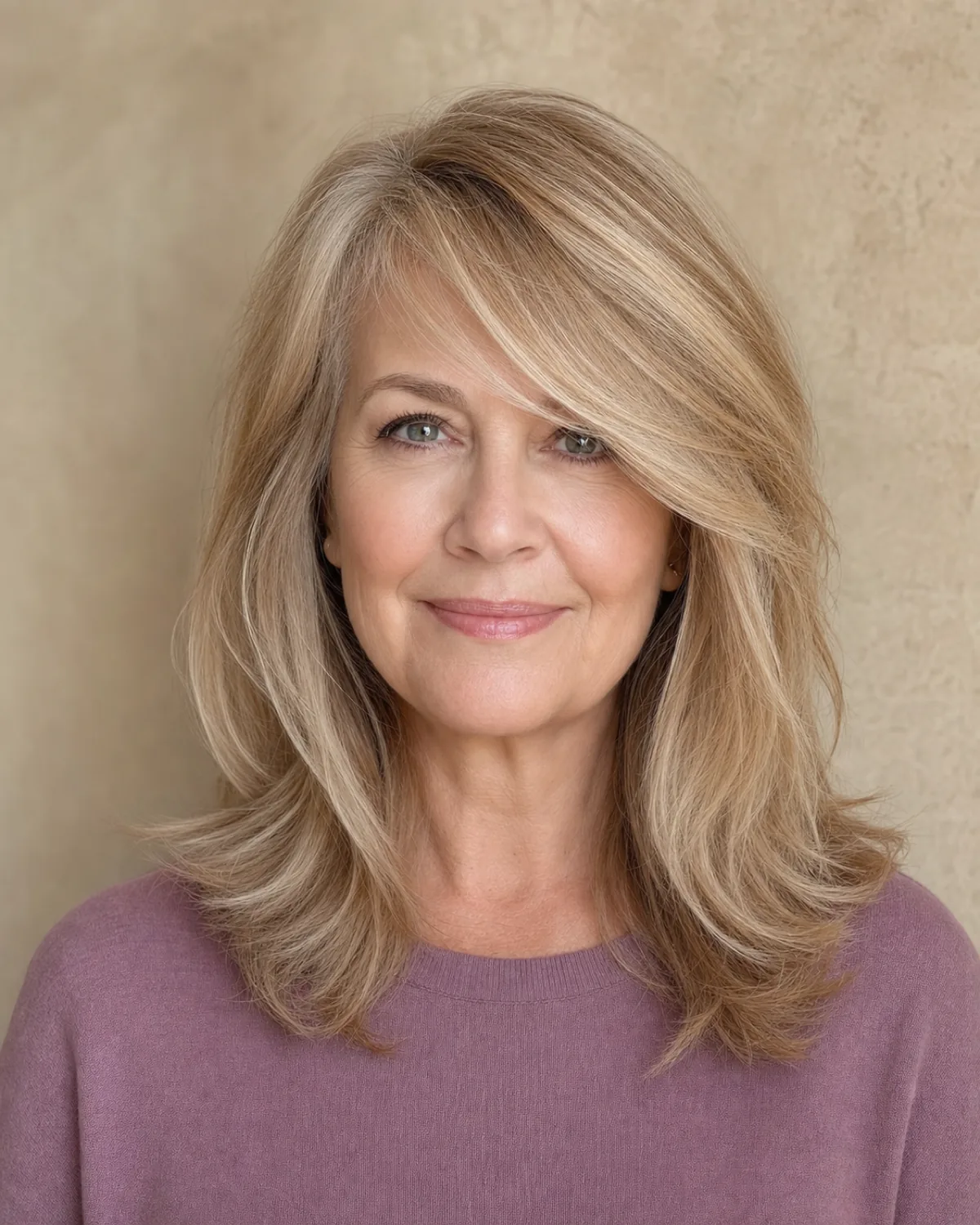 A front-facing view of a woman with warm blonde hair and a deep side-swept fringe sweeping diagonally from left to right past the brow, the rest of her hair falling in soft layers past her shoulders, wearing a dusty mauve crew-neck top against a putty-coloured plaster wall