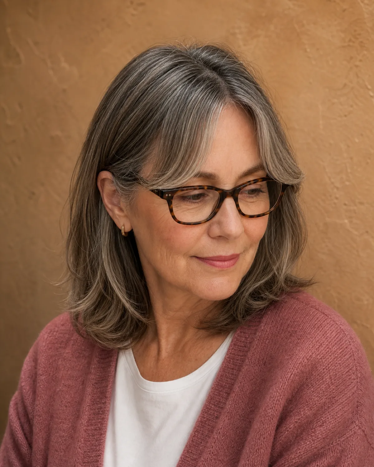 A woman in her late 50s with medium-brown and grey-streaked hair and curtain bangs, turned three-quarters right with chin slightly down, the curtain bangs parting and sweeping to each side of her tortoiseshell rectangular glasses
