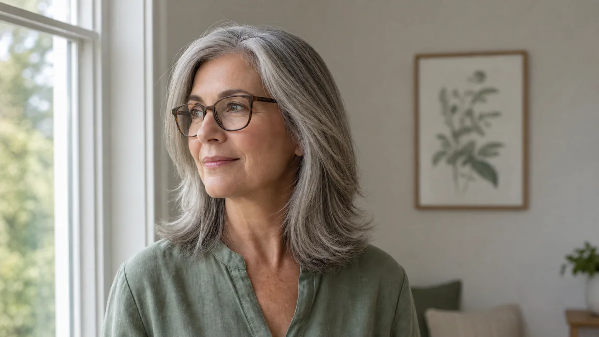 A woman in her late 50s with silver-streaked shoulder-length layered hair and rectangular glasses, turned three-quarters to the left beside a window in soft afternoon light