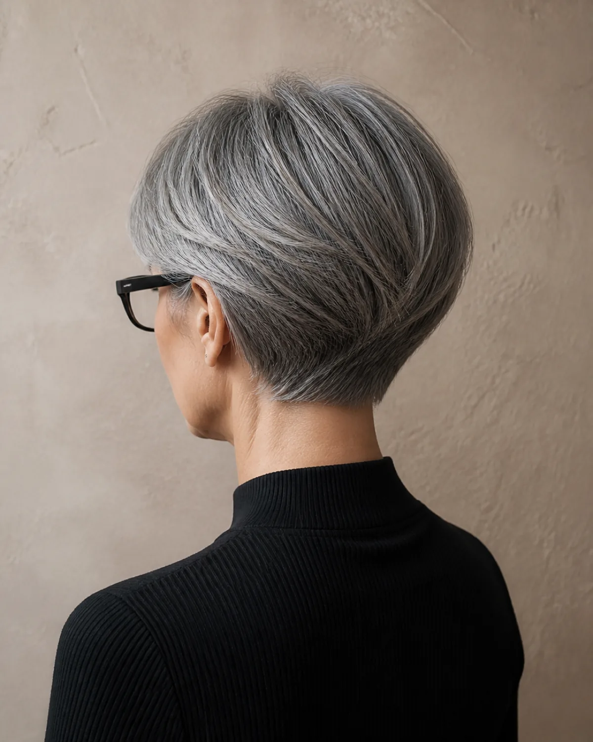 A woman in her late 50s with cool grey hair in a graduated bob, seen from the back-three-quarter angle showing stacked layers at the nape building to a weight line at the occipital bone, black rectangular glasses temple arm visible at the side
