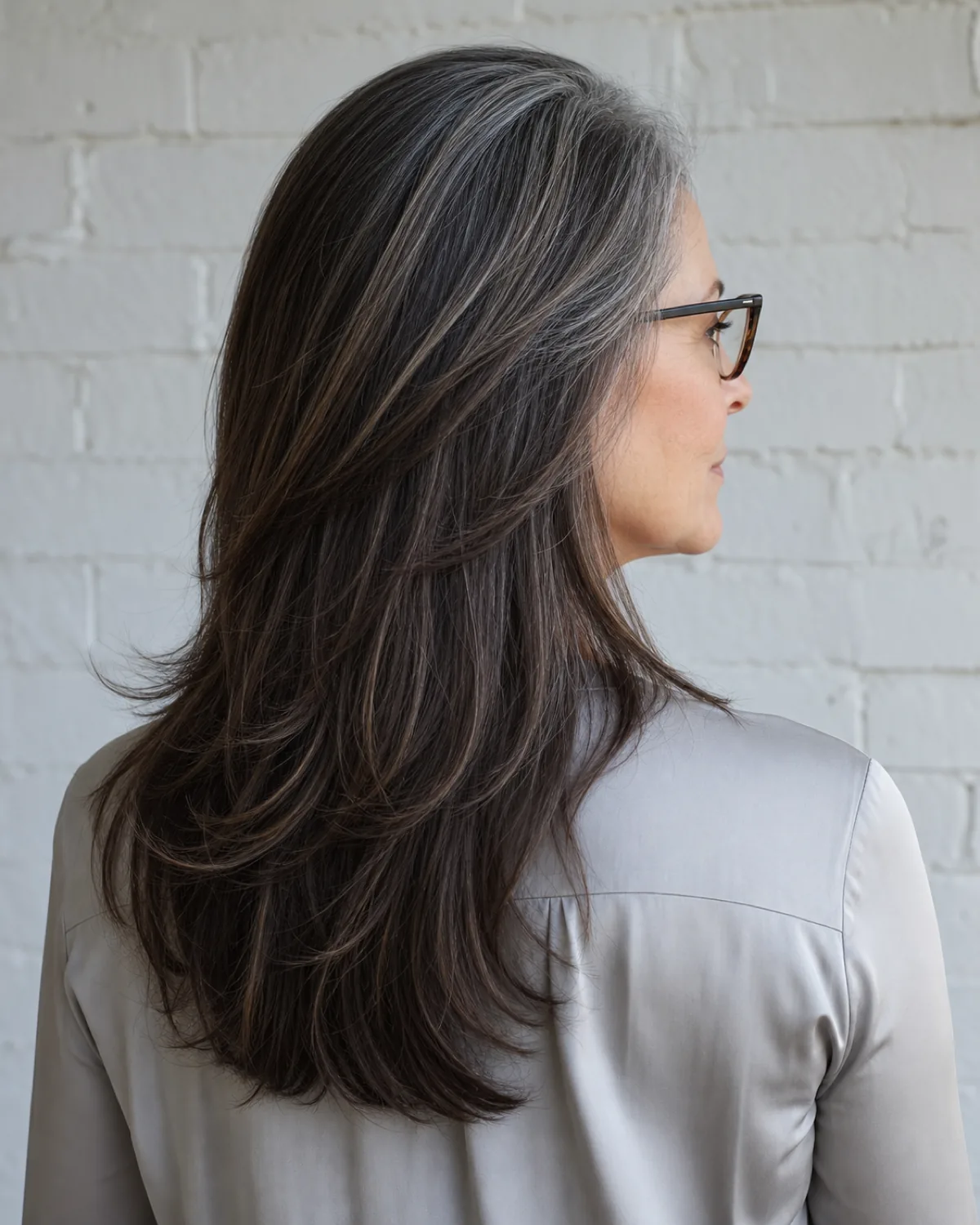 A woman in her early 60s with dark brunette hair and silver roots, seen from behind with head turned slightly to show a side profile and cat-eye glasses, layered hair cascading from below the cheekbone to mid-back with the shortest layer visibly below the temple arm of the glasses