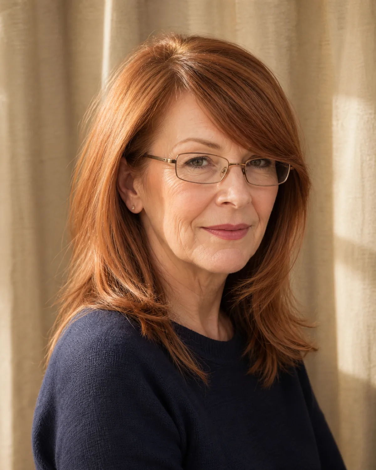 A woman in her late 50s with warm auburn shoulder-length hair and a side-swept fringe, shown in three-quarter view to camera left, the fringe sweeping across her forehead and ending just beside the outer edge of her thin gold rectangular glasses