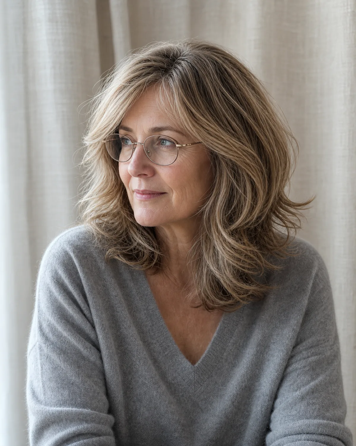 A woman in her late 50s with naturally wavy dark-blonde hair in a soft shag cut, seated and turned three-quarters with layers flipping and curving at the jaw around delicate wire-rimmed oval glasses, wearing a grey cashmere sweater against a pale linen curtain