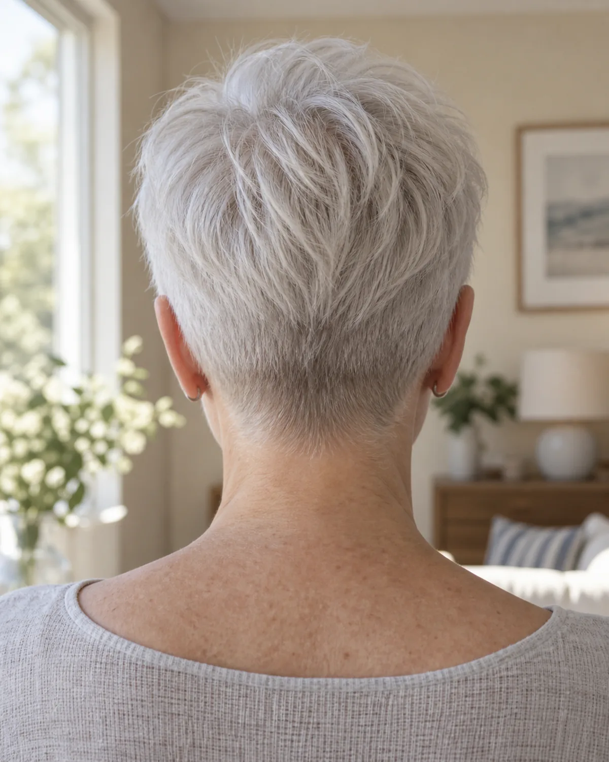 Rear view of a mature woman with fine silver-white hair in a cropped pixie showing a cleanly tapered nape graduating to longer crown hair