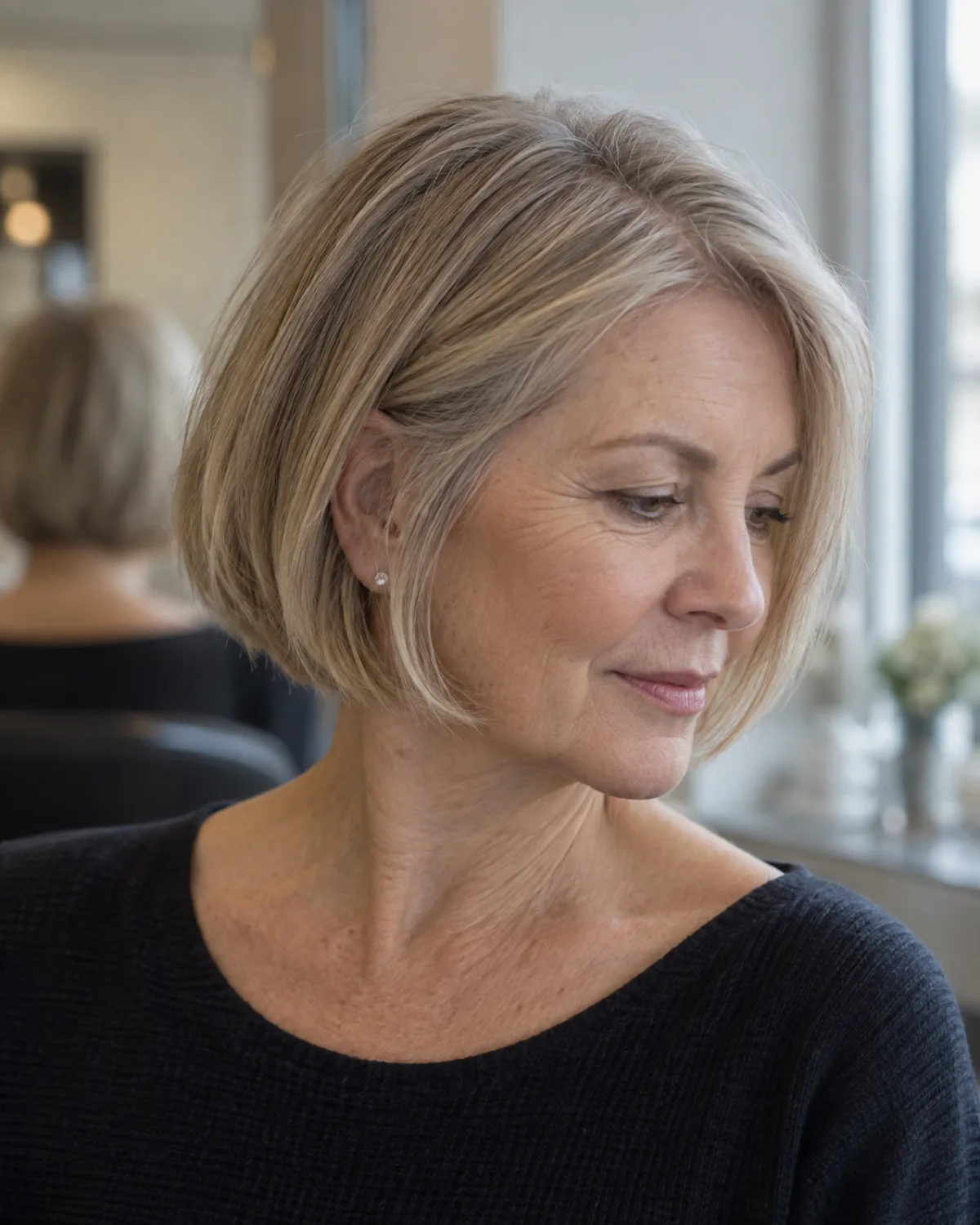 Mature woman with fine ash-blonde hair in a chin-length layered bob, three-quarter view showing layers starting below the ear and a clean jawline hemline