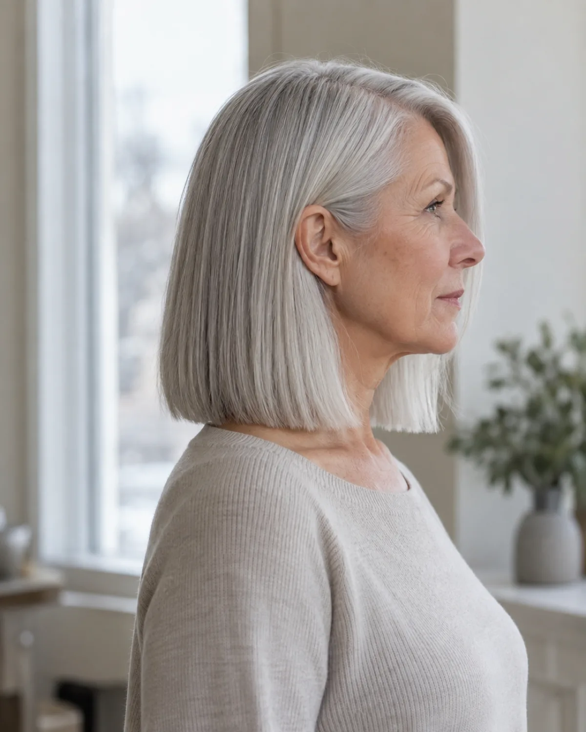Full profile of a mature woman with fine cool silver hair in a blunt one-length cut at the jaw, deep side part shifting hair mass to one side, every strand ending at the same clean horizontal line