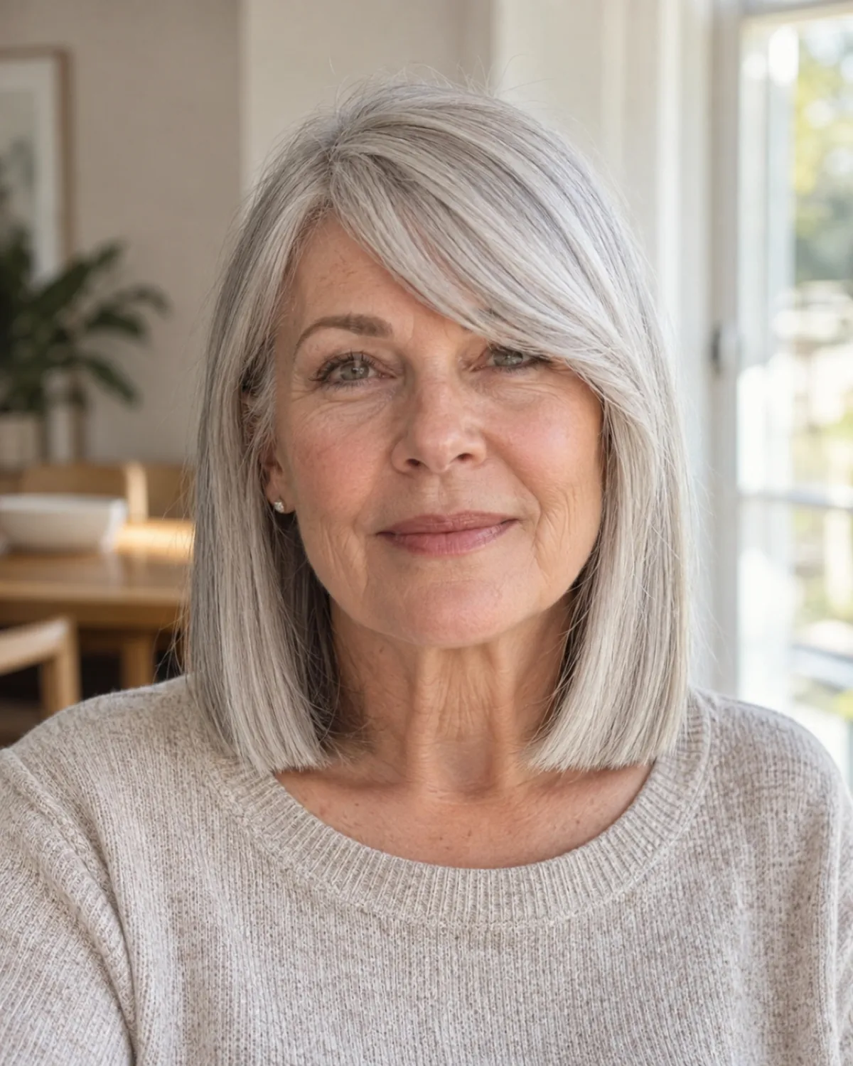 Mature woman with fine silver hair facing the camera, side-swept bangs crossing the forehead diagonally from a deep part, blunt lob hemline at the shoulders