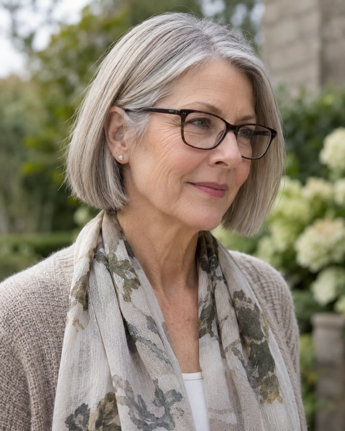 A woman in her early 60s with a chin-length blunt bob, turned three-quarter to camera right with chin slightly down, dark rectangular glasses with visible gap between the bob hemline and the temple arm hinge, blurred garden greenery behind