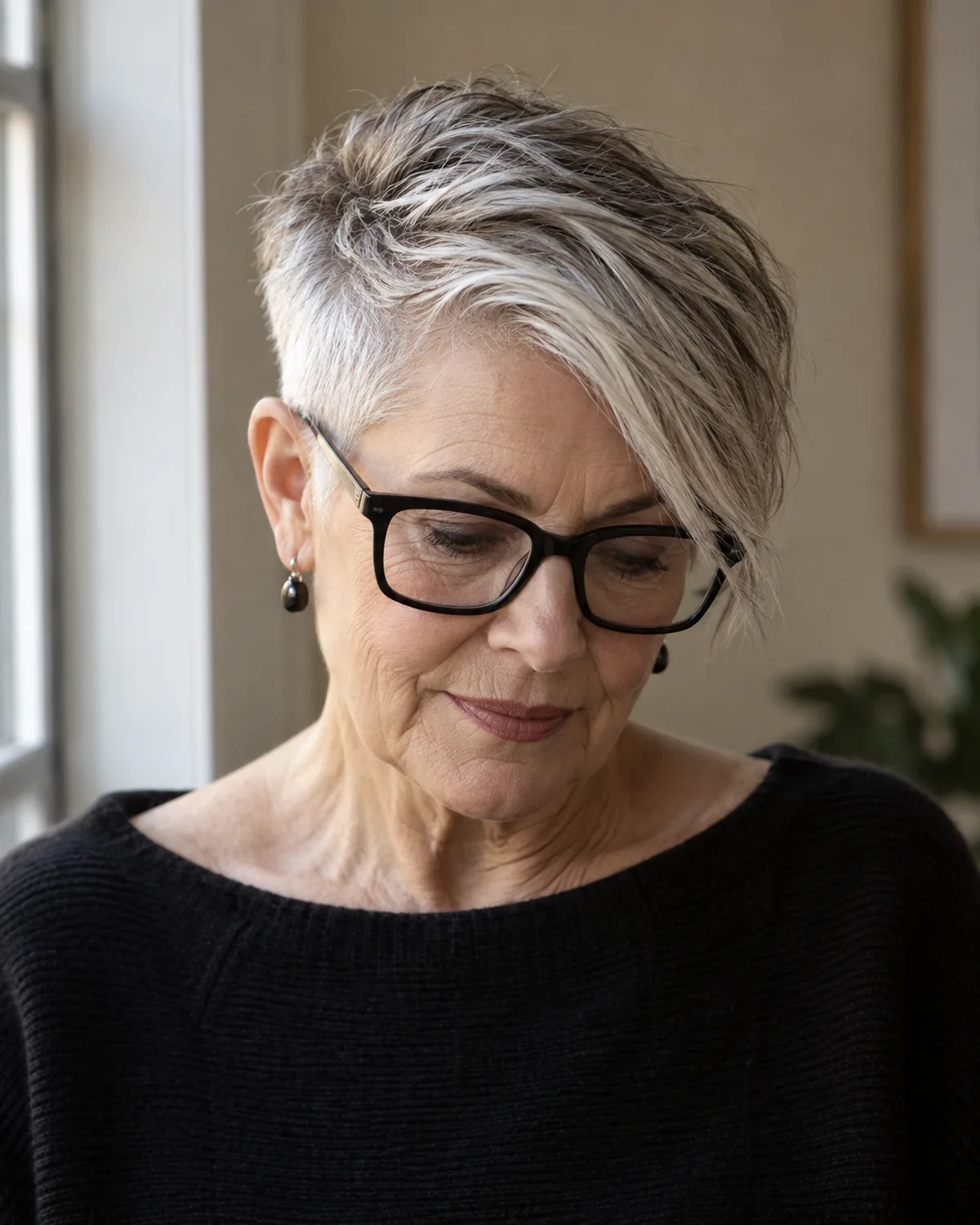 A woman over 60 facing the camera with eyes cast slightly downward, disconnected cut with close-cropped sides and two-to-three-inch textured top styled forward, bold black rectangular glasses, soft editorial lighting