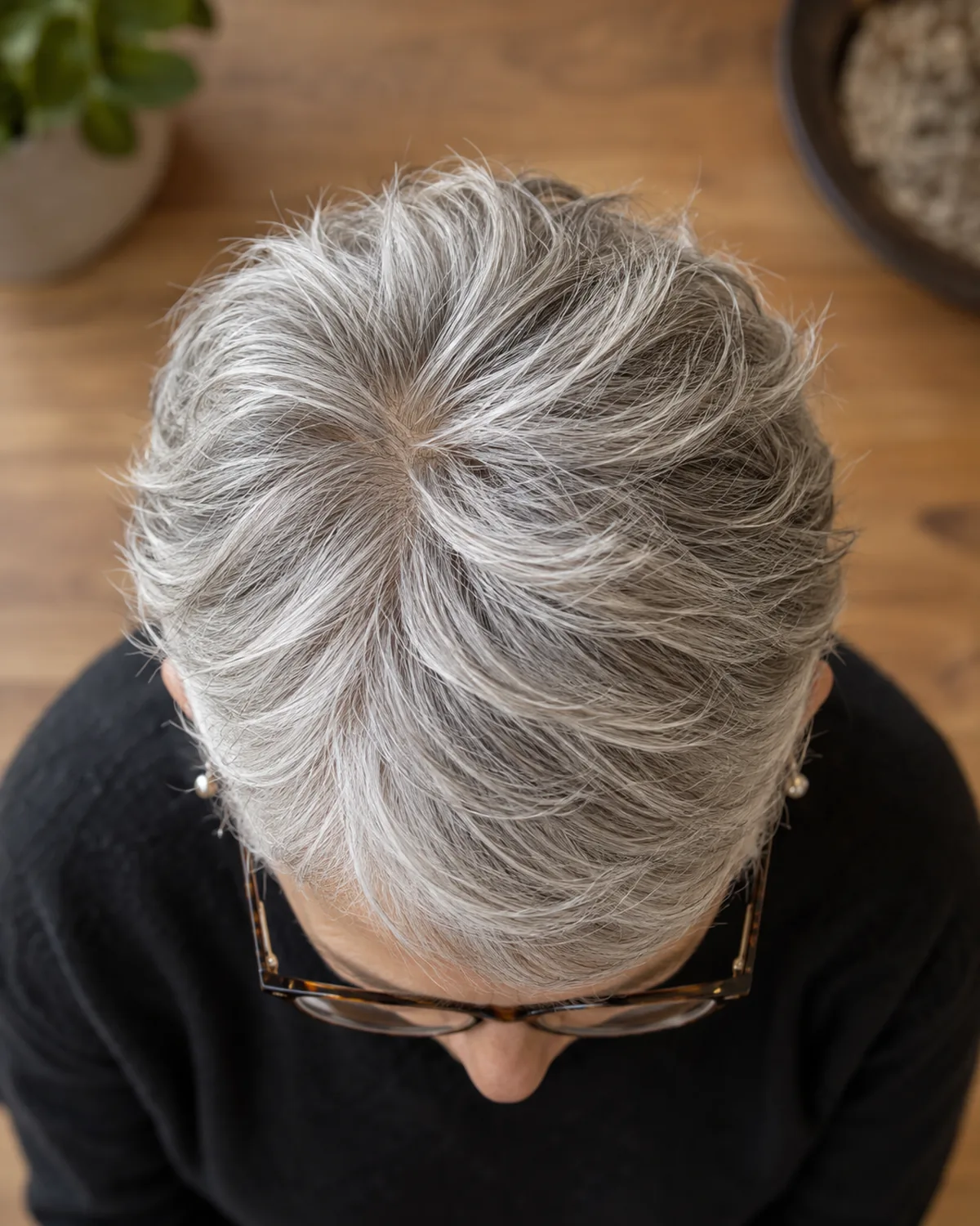 Top-down close crop of a woman over 60 showing a short cropped silver haircut with finger-styled crown lift, glasses just visible at the bottom edge of frame, warm wood surface below