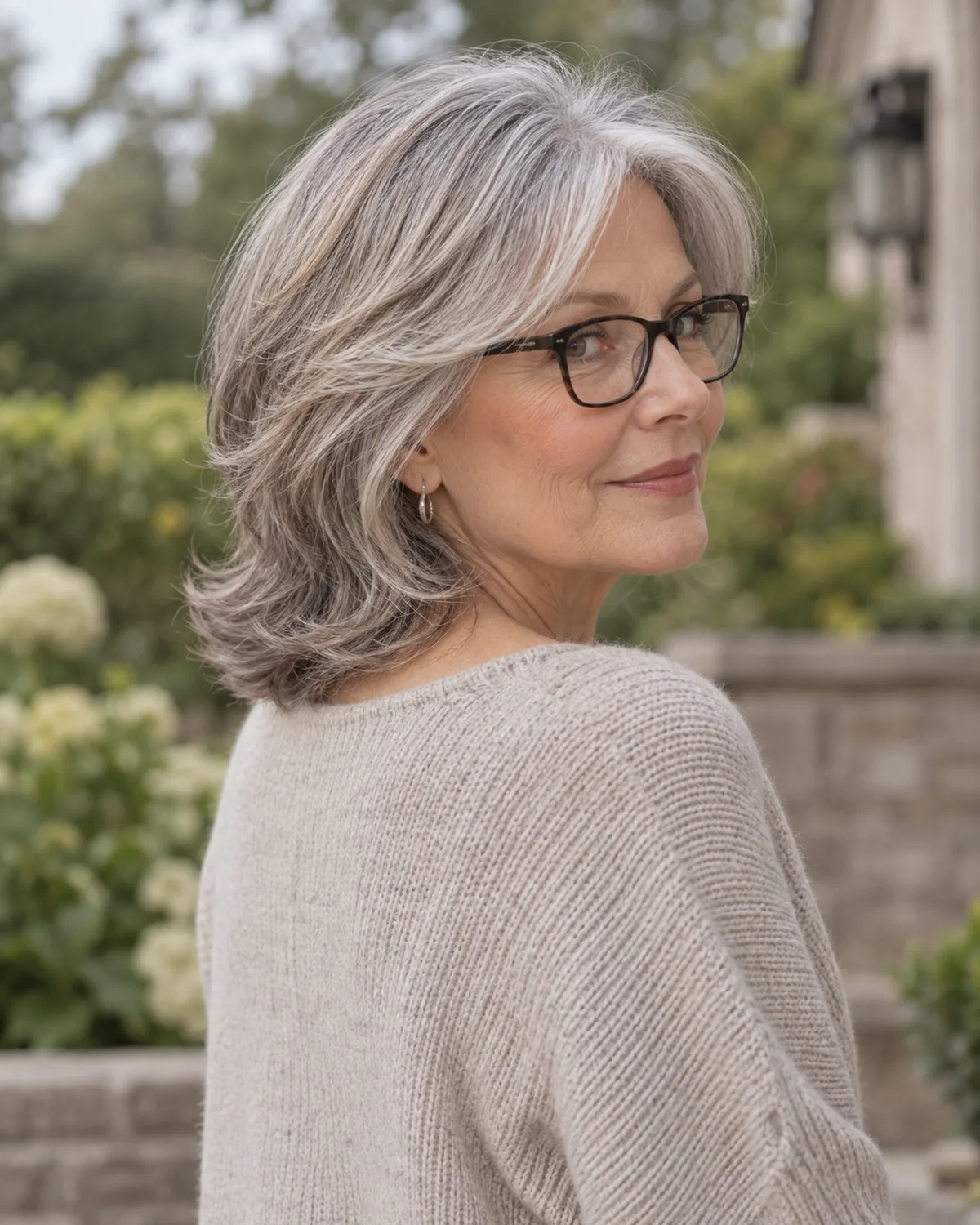 A woman over 60 seen from the back three-quarter right angle, feathered layers cascading from below the ear, rectangular glasses edge visible, individual feathered strand texture, soft daylight