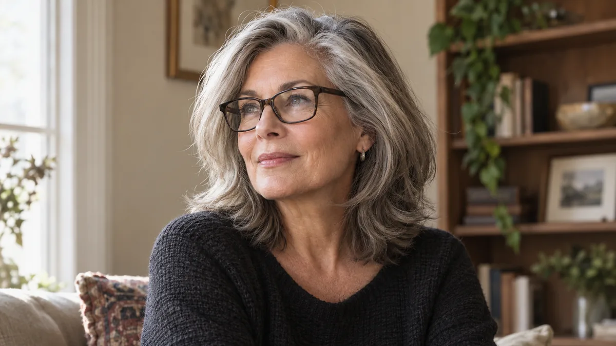 A woman in her early 60s with silver-streaked layered shoulder-length hair and dark rectangular glasses, turned three-quarters to the left beside a window in soft afternoon light