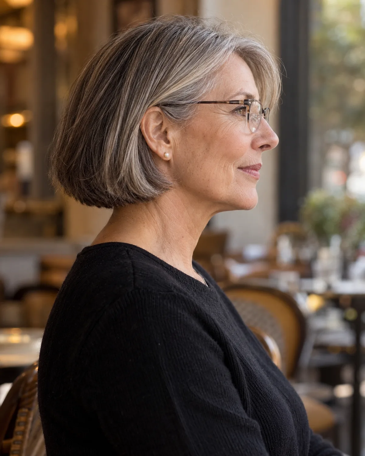 Full profile from the right of a woman over 60 with a French bob ending just above the chin, a slight inward curve at the ends, semi-rimless glasses visible in profile, individual hair strands visible