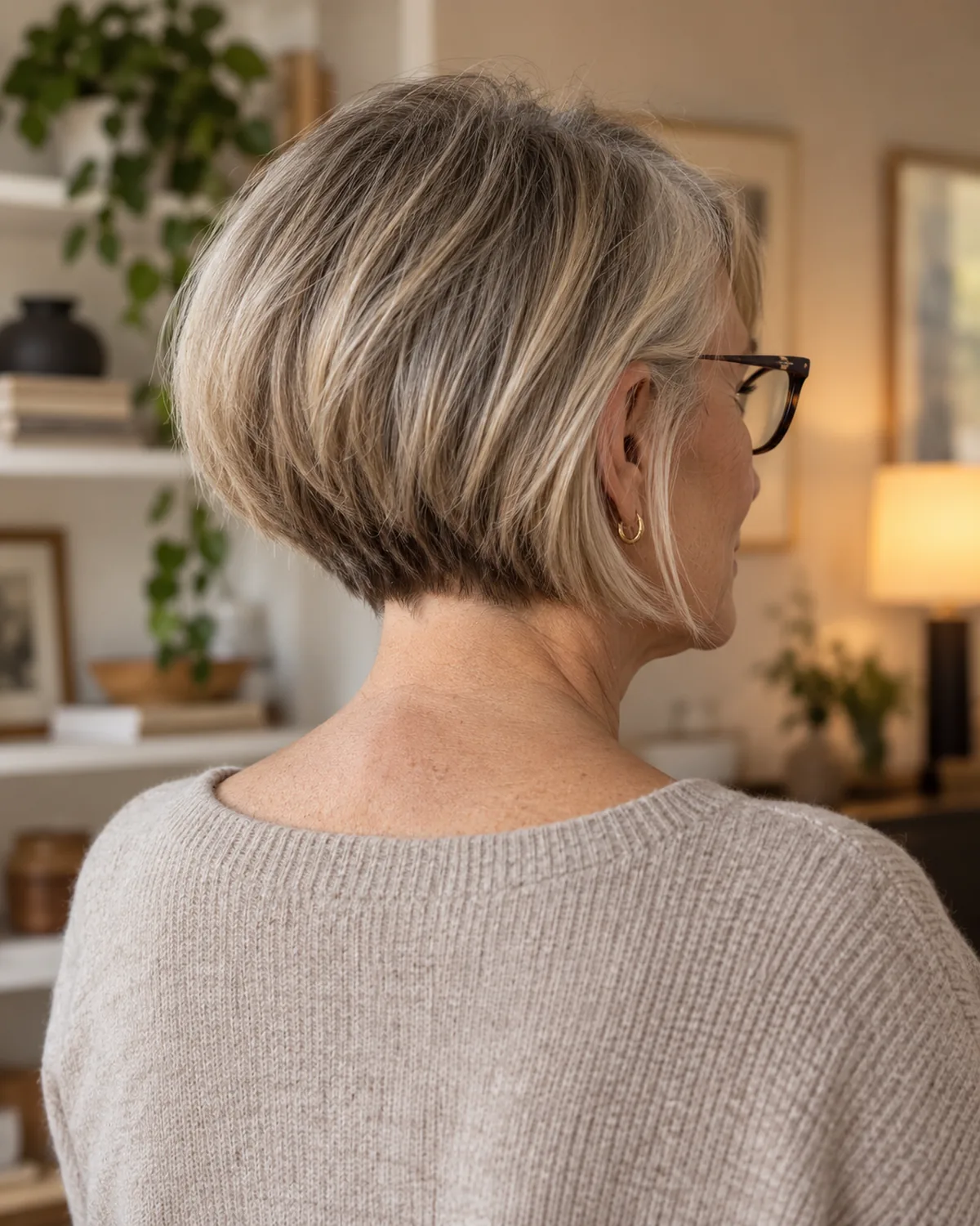 A woman over 60 seen from the back three-quarter angle, graduated bob with shorter stacked layers at the nape building to chin length, cat-eye glasses edge visible at the side, individual hair strands visible