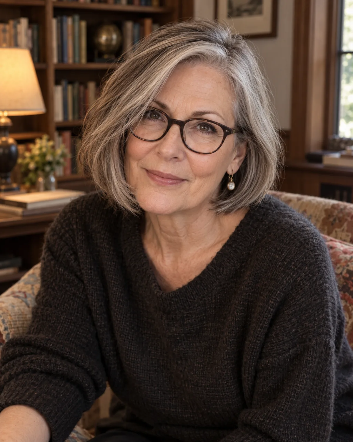 A woman in her early 60s seated, shot from slightly above, chin-length layered bob with hair falling forward over one shoulder showing jaw-level movement, dark oval glasses, warm library interior with lamp light