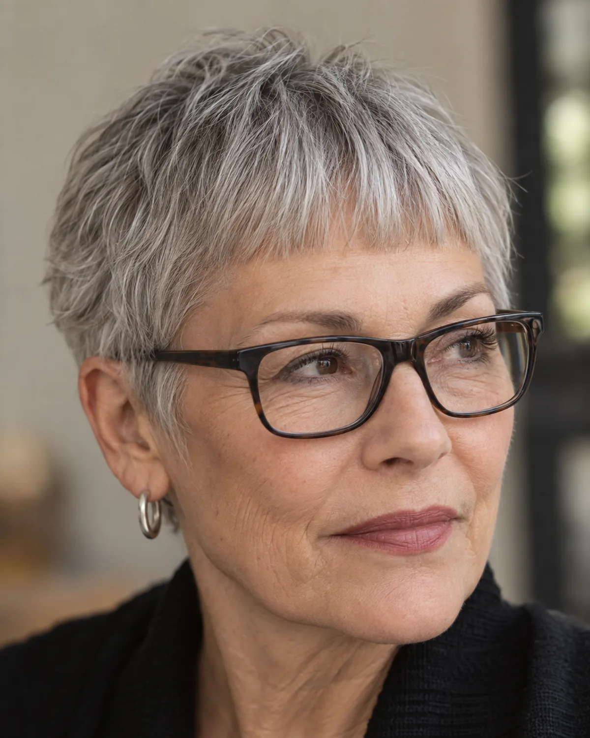 Close crop at an angle from the right showing a woman over 60 with very short silver hair and micro-bangs cut at mid-forehead, a clear gap visible between the bang line and the rectangular glasses top bar, fine strands catching the light