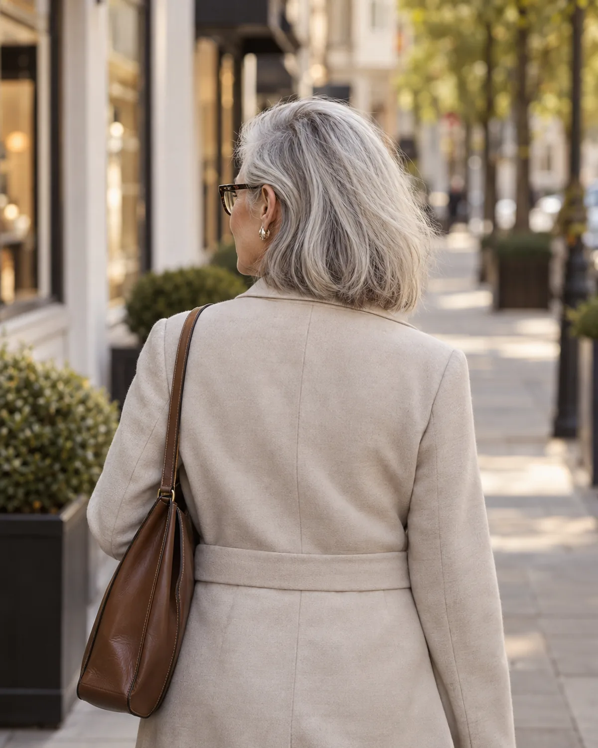 A woman over 60 walking away from the camera, photographed from behind, one-length shoulder-cut hair with one side tucked behind the ear and the other falling forward, tortoiseshell glasses edge visible, hair in gentle motion