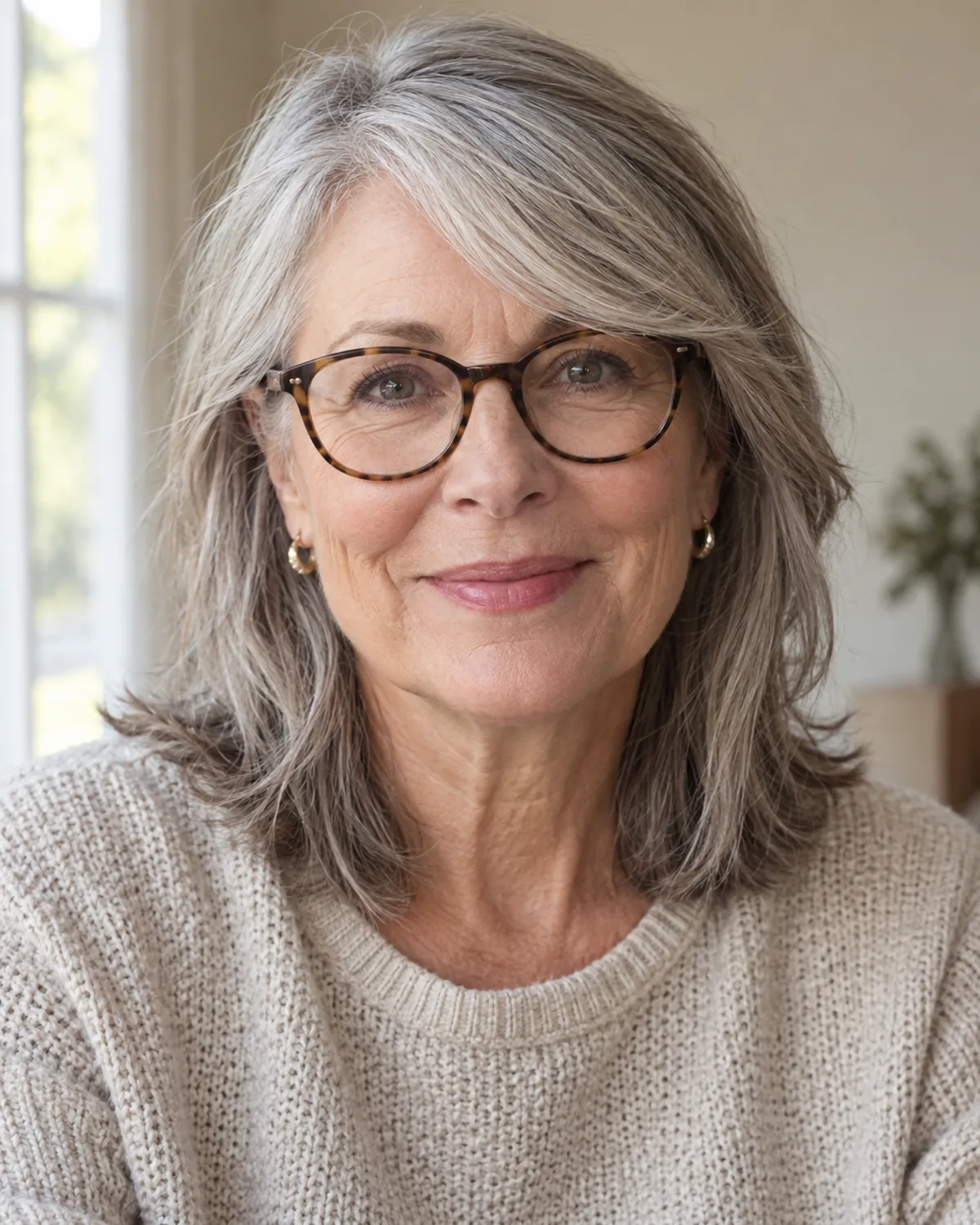 A woman in her early 60s facing the camera with soft-focus features and sharp-focus hair, side-swept bangs sweeping diagonally past the outer edge of oval tortoiseshell glasses, medium-length hair behind, neutral warm wall with window light