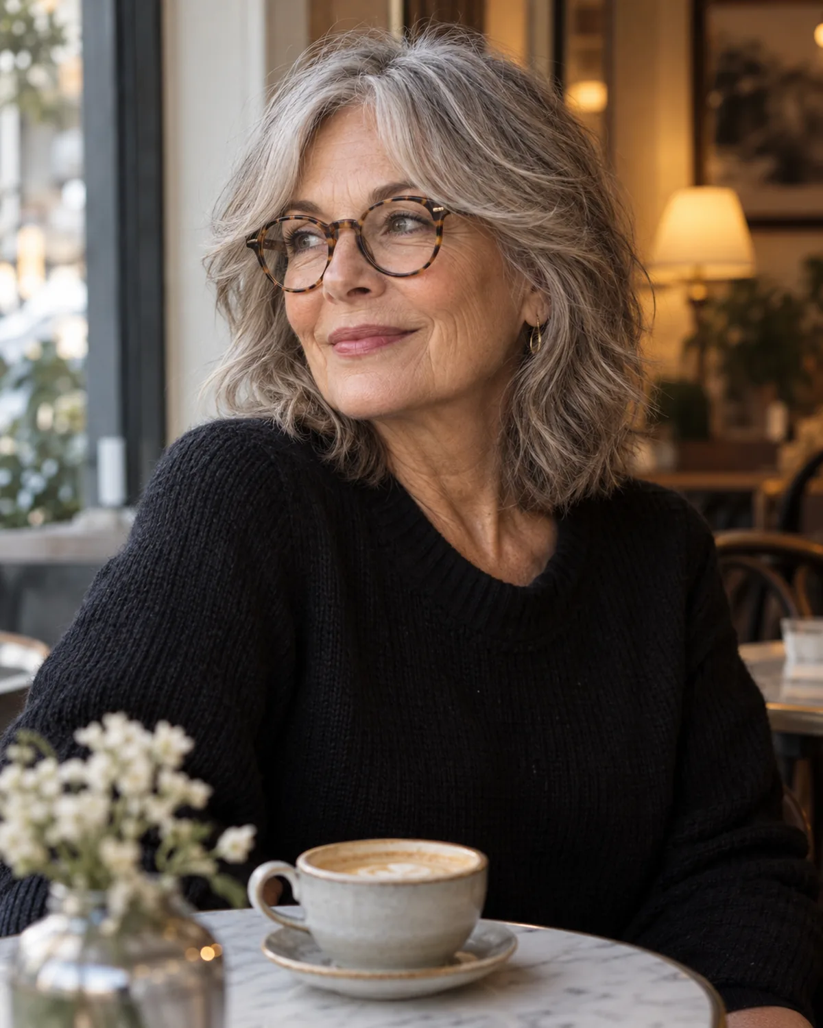 A woman over 60 seated at a small cafe table, shot at eye level and turned slightly to camera left, collarbone-length soft shag with curtain-like layers beginning at the cheekbone, round tortoiseshell glasses, warm cafe interior