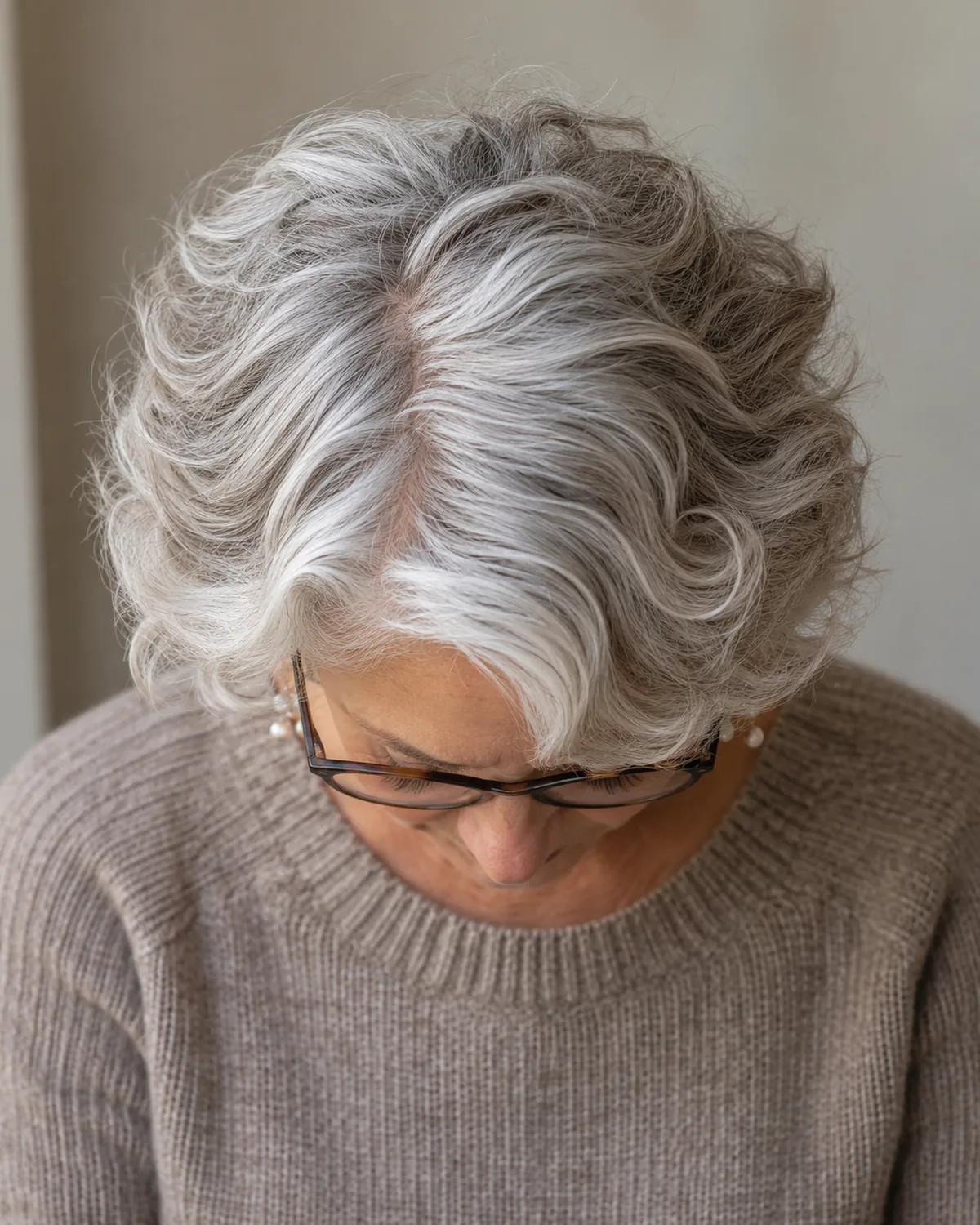 A woman over 60 with head tilted slightly toward the camera, crown visible from above, ear-length hair with soft waves and curls, glasses frames at the bottom edge, soft natural light