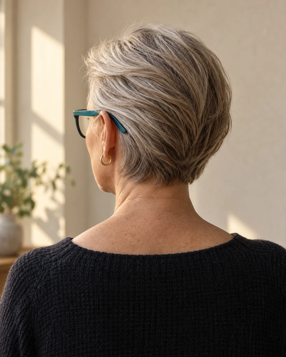 A woman over 60 photographed from behind, short swept-back ear-length haircut with teal bold-framed glasses temple arms visible, individual hair strands visible, blurred garden backdrop