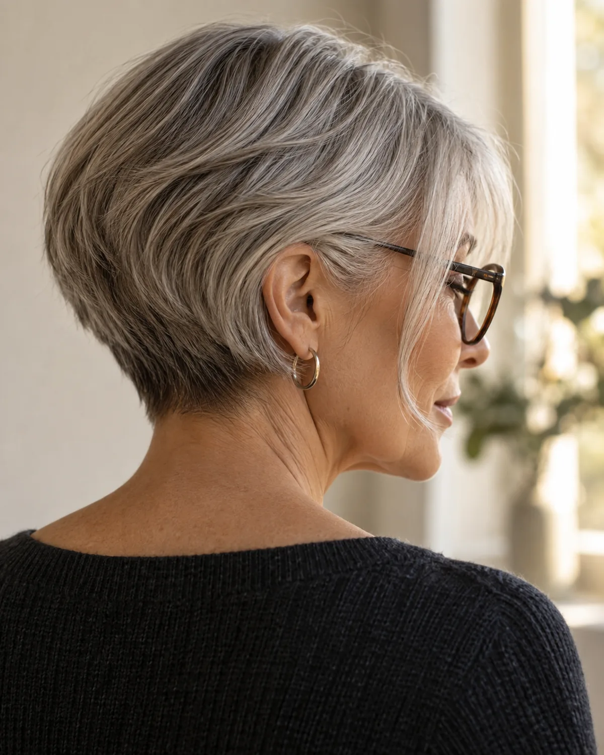 A woman over 60 seen from the back right side, tapered nape visible with two chin-length face-framing pieces falling forward, tortoiseshell glasses at the side, individual hair strands visible